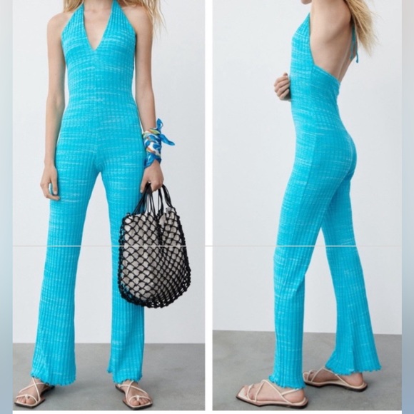 ZARA Turquoise Blue Ribbed Cotton Blend Jumpsuit size medium - Picture 1 of 14